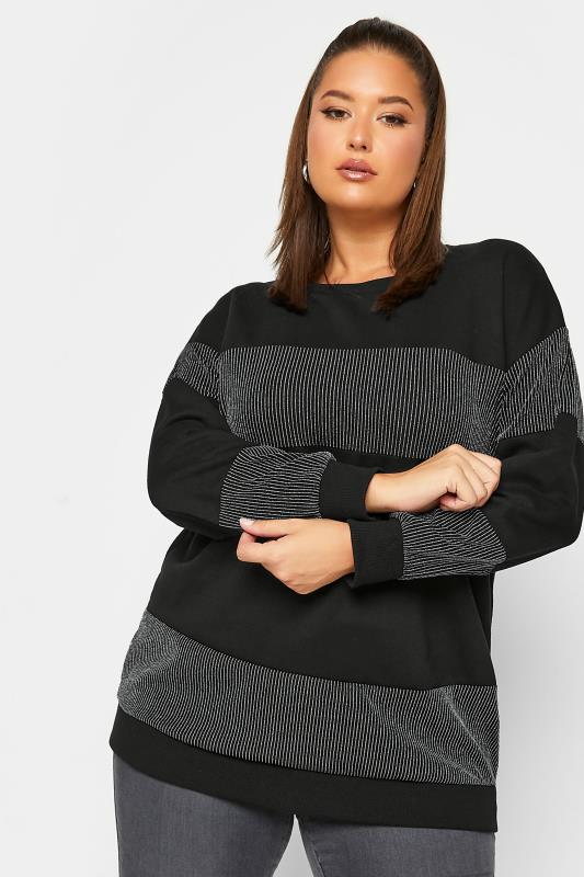 YOURS LUXURY Black & Silver Block Stripe Long Sleeve Sweatshirt | Yours Clothing 1
