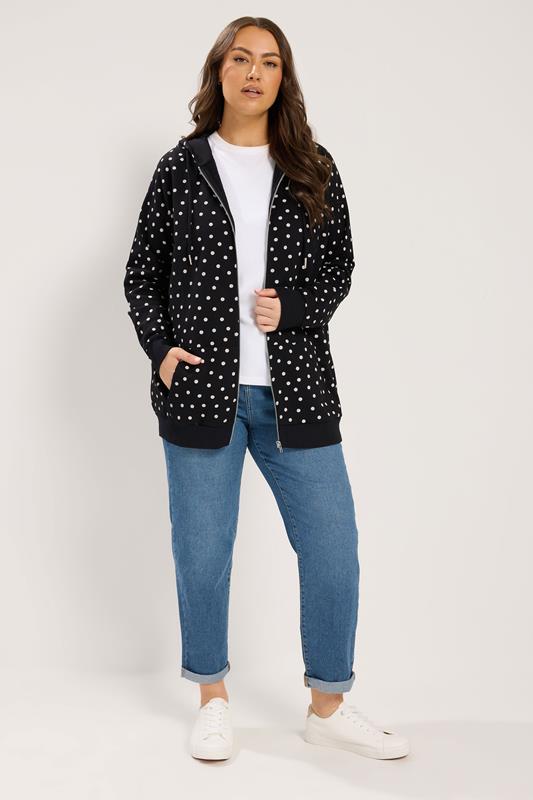 YOURS Plus Size Black Polka Dot Zip Through Raglan Hoodie | Yours Clothing 2