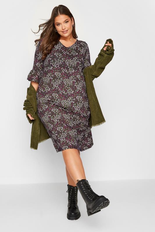 Plus Size Black Ditsy Print Frill Sleeve Midaxi Dress | Yours Clothing 2