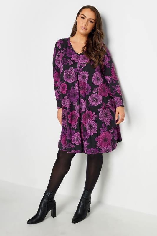 YOURS Plus Size Purple Floral Print Swing Mini Dress | Yours Clothing
