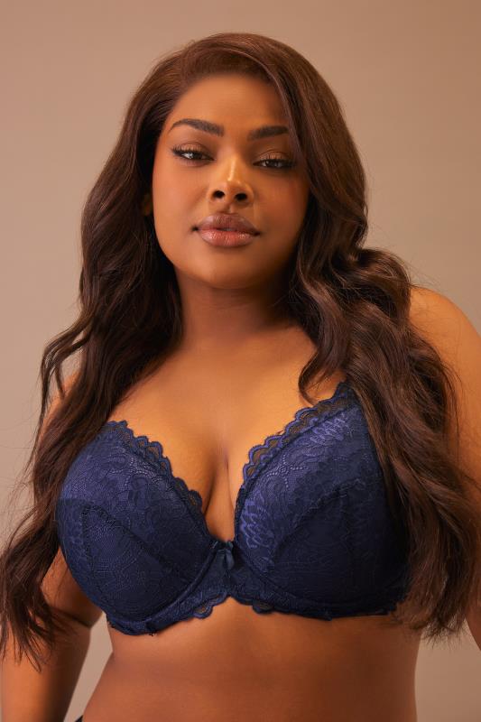 Plus Size Ink Blue Lace Padded Underwired Plunge Bra | Yours Clothing 7