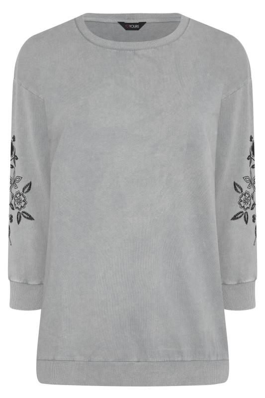 Plus Size Grey Embroidered Floral Print Sleeve Sweatshirt | Yours Clothing 6