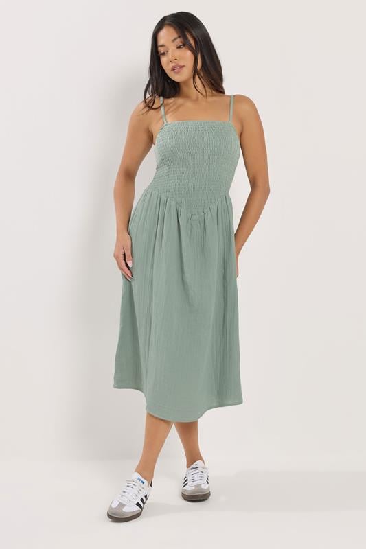 PixieGirl Petite Sage Green Cotton Cheesecloth Midi Dress