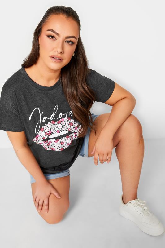 YOURS Plus Size Charcoal Grey 'J'adore' Lips Foil Print T-Shirt | Yours Clothing  1