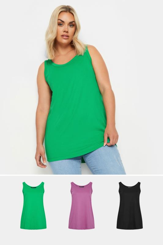 YOURS 3 PACK Plus Size Green & Purple Vest Tops | Yours Clothing 1