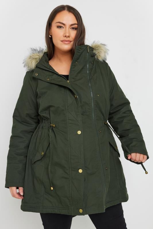 BUMP IT UP MATERNITY Khaki Green Fur Trim Parka | Yours Clothing 1