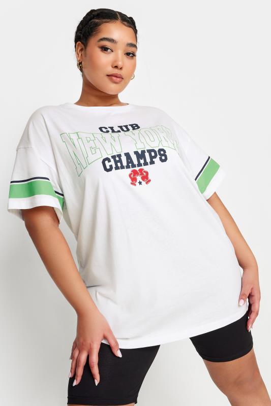 YOURS Plus Size White 'New York Champs' Varsity T-Shirt | Yours Clothing 1