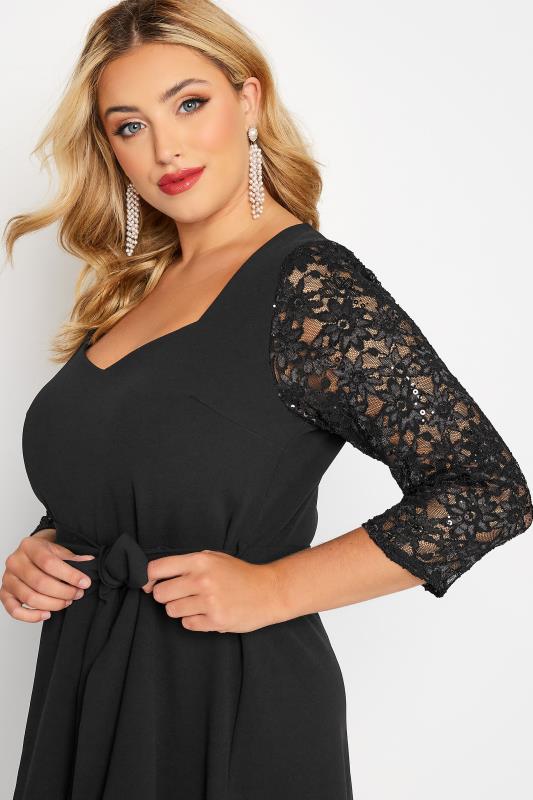 YOURS LONDON Curve Black Sequin Lace Sleeve Skater Dress | Yours Clothing 4