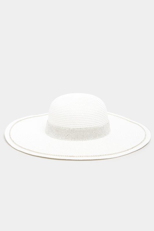 Tall  Yours White Wide Brim Diamante Straw Hat