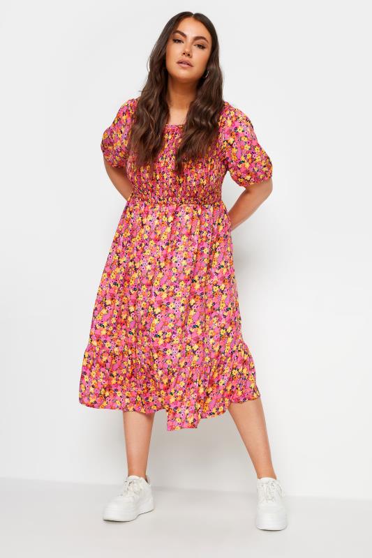 LIMITED COLLECTION Plus Size Pink Floral Print Shirred Midaxi Dress | Yours Clothing 1