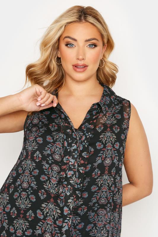 Plus Size Black Floral Print Sleeveless Frill Blouse | Yours Clothing 4