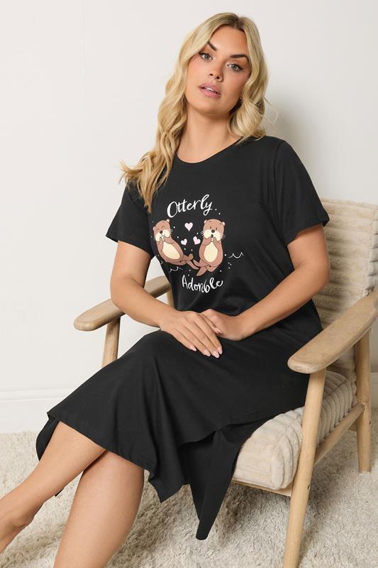 YOURS Plus Size Black 'Otterly Adorable' Midaxi Nightdress | Yours Clothing 1