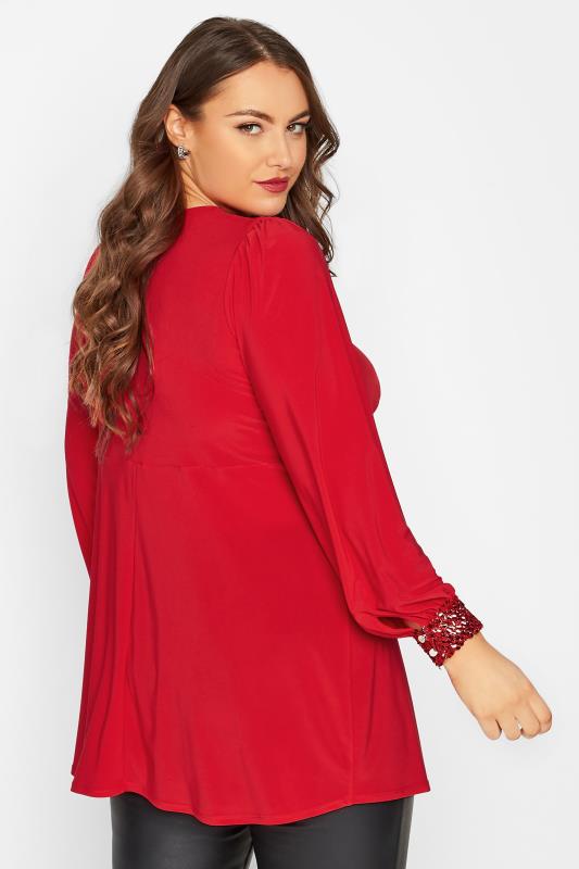 YOURS LONDON Plus Size Red Sequin Trim Top | Yours Clothing 3