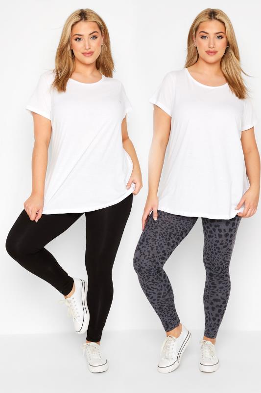 Plus Size 2 PACK Black & Grey Leopard Print Soft Touch Leggings | Yours Clothing 1