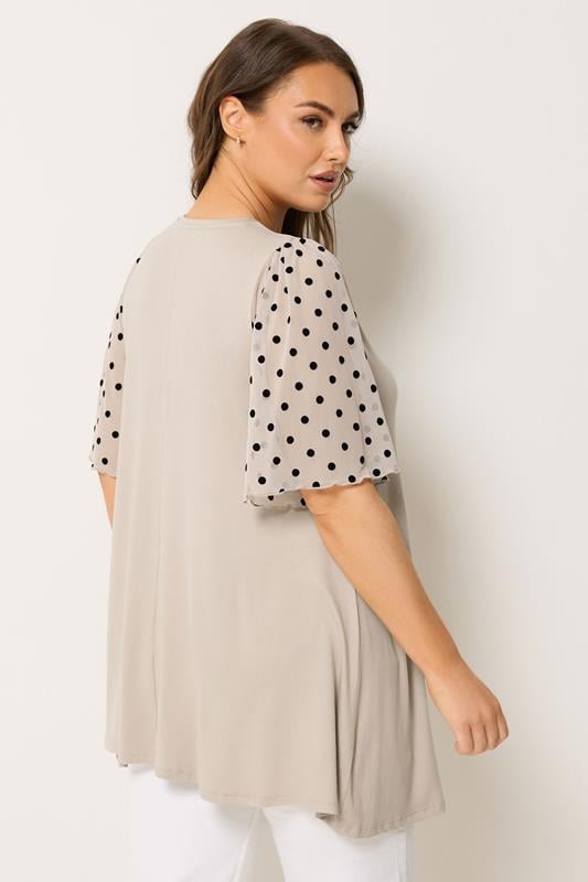 YOURS Plus Size Natural Brown Polka Dot Sleeve Top | Yours Clothing 2