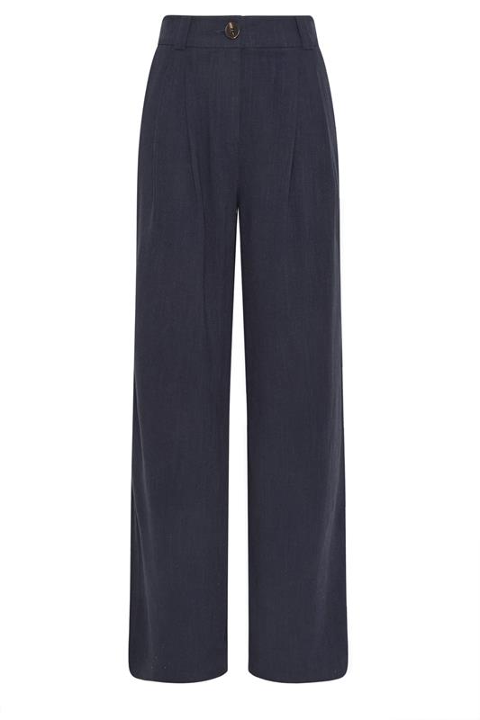 LTS Tall Women's Navy Blue Linen Pleated Wide Leg Trousers | Long Tall Sally 5