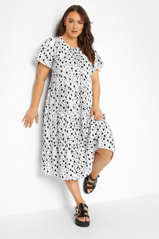Plus Size White Dalmatian Print Tiered Smock Midaxi Dress | Yours Clothing 1
