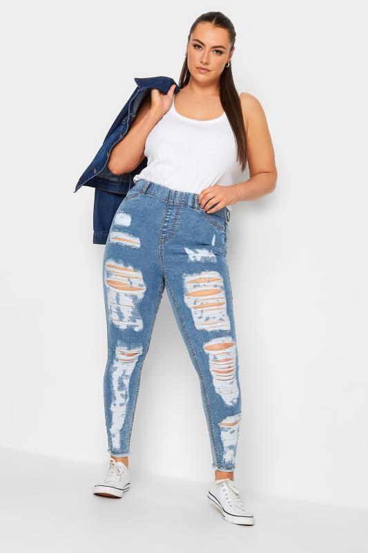 Plus Size Washed Blue Frayed Ripped GRACE Jeggings | Yours Clothing 2