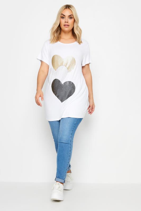 YOURS Curve Plus Size White Glitter Heart Print T-Shirt | Yours Clothing  2