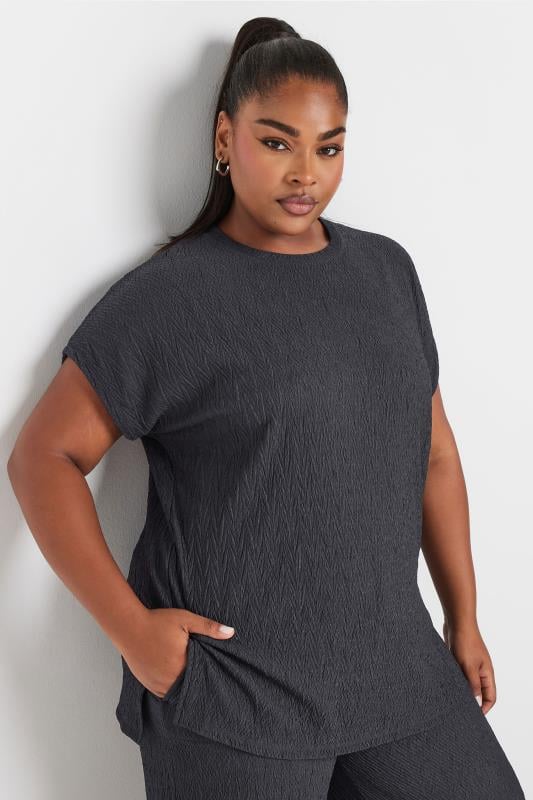  YOURS Curve Charcoal Grey Crinkle Plisse T-Shirt