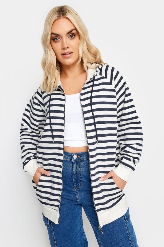 YOURS Plus Size White & Navy Blue Striped Zip Through Hoodie | Yours Clothing 3