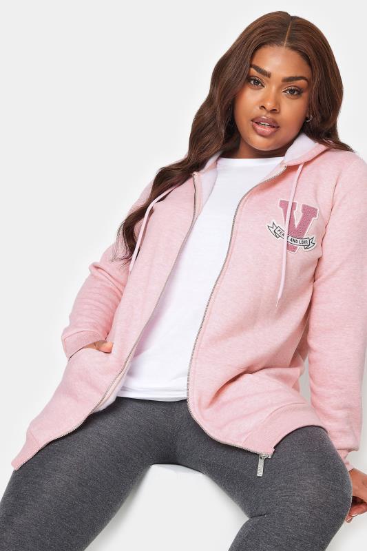  Tallas Grandes YOURS Curve Pink Embroidered Zip Through Marl Hoodie