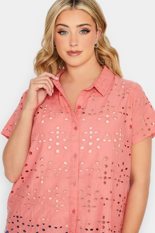 YOURS PETITE Plus Size Coral Pink Broderie Anglaise Short Sleeve Shirt | Yours Clothing 4