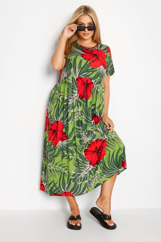 Plus Size  Curve Green Tropical Print Pocket Maxi Dress