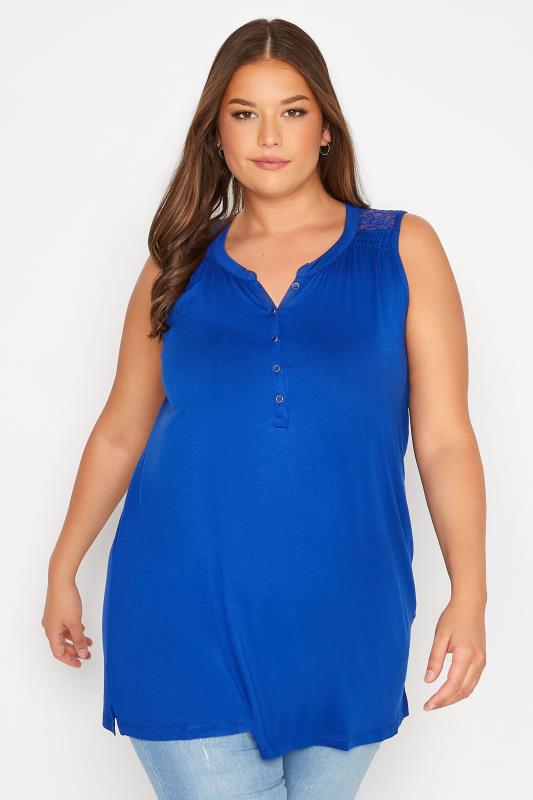 Plus Size Cobalt Blue Lace Insert Button Down Vest Top | Yours Clothing 2