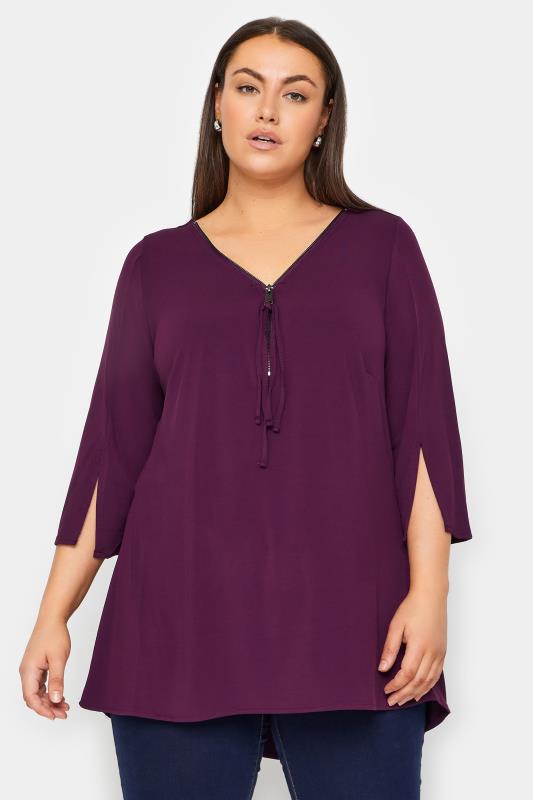 Plus Size  Evans Purple Zip Front Split Sleeve Top