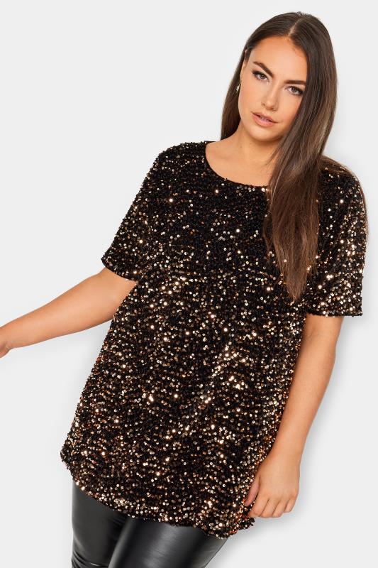 YOURS LONDON Plus Size Gold Velvet Sequin Front Top | Yours Clothing 2
