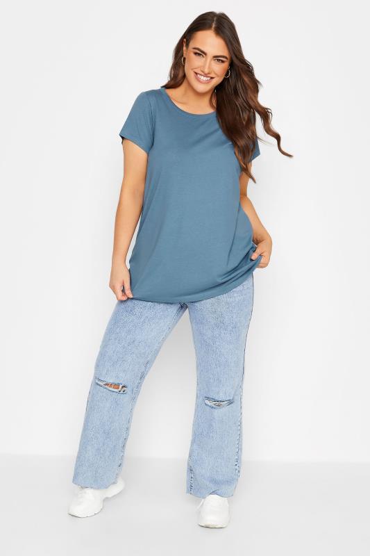 Curve Plus Size Blue Basic Short Sleeve T-Shirt | Yours Clothing  2