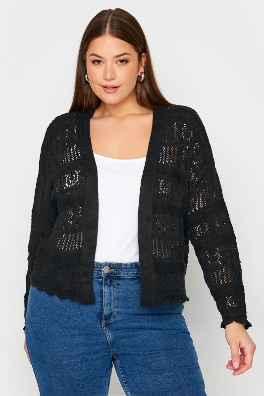 YOURS Plus Size Black Pure Cotton Cropped Pointelle Cardigan | Yours Clothing 1