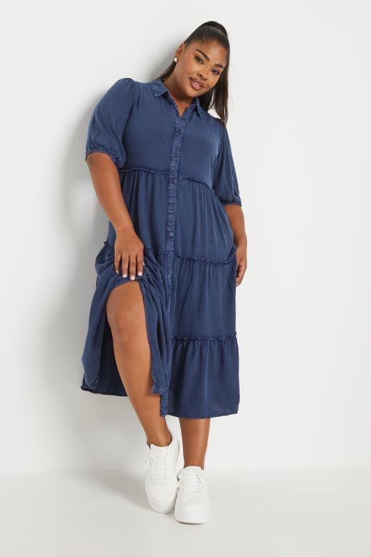 YOURS Plus Size Blue Button Front Chambray Midi Dress | Yours Clothing 2