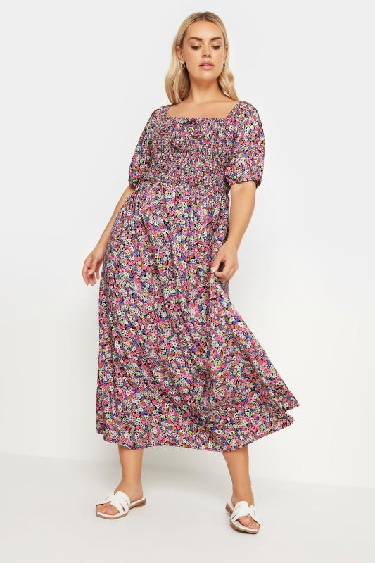 YOURS Plus Size Pink Ditsy Floral Print Shirred Maxi Dress | Yours Clothing 2