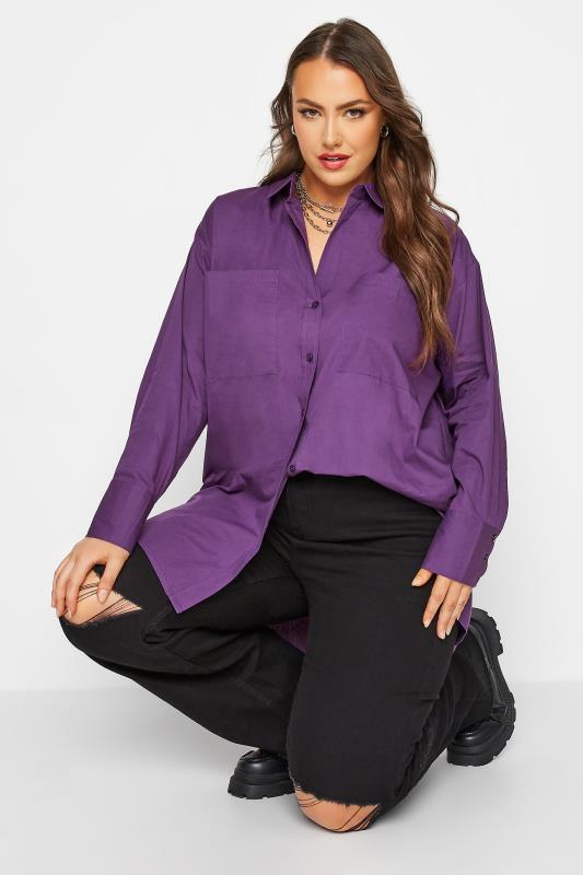 LIMITED COLLECTION Curve Dark Purple Oversized Boyfriend Shirt | Yours Clothing 1