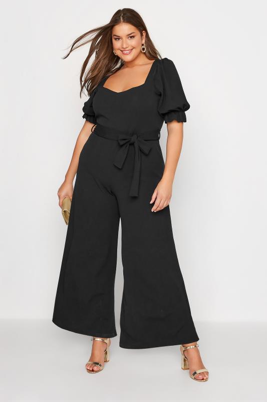  dla puszystych YOURS LONDON Curve Black Sweetheart Puff Sleeve Jumpsuit