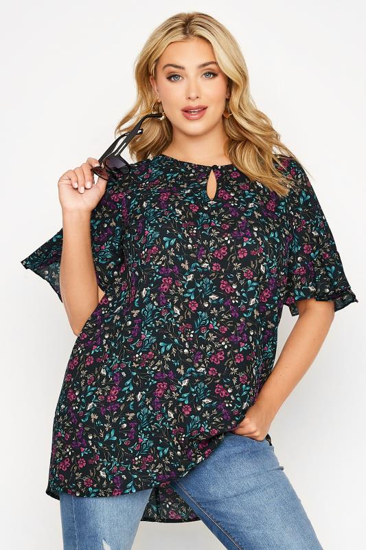 Plus Size Black Floral Frill Sleeve Keyhole Top | Yours Clothing 1