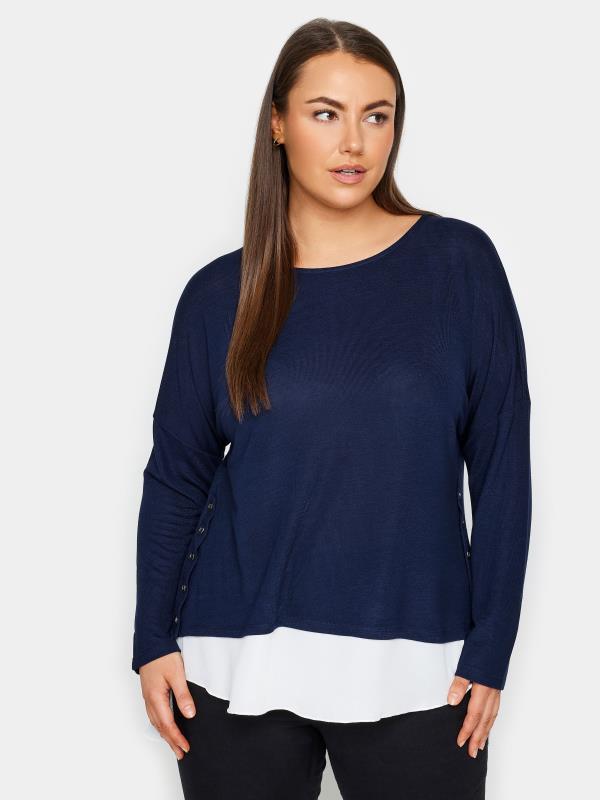 Plus Size  Evans Navy Blue Button Detail Knitted Top