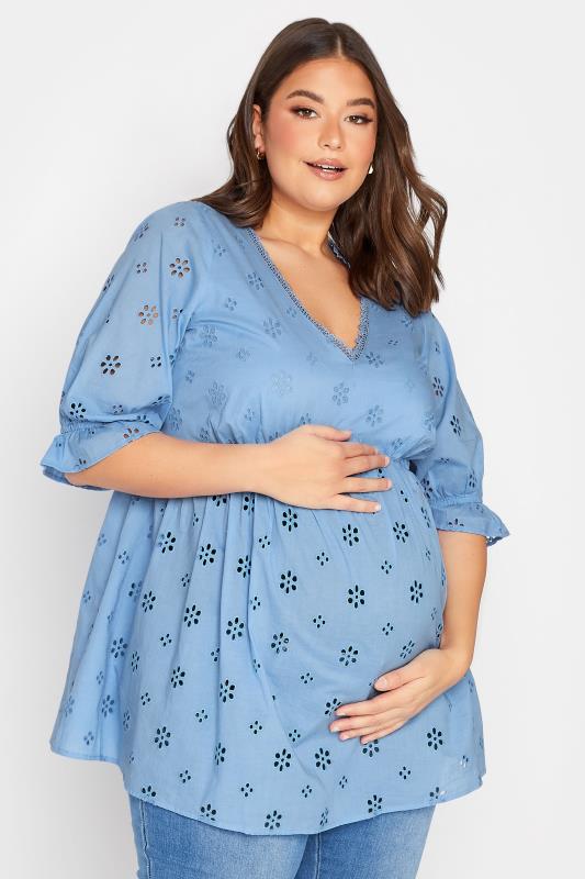 Plus Size  BUMP IT UP MATERNITY Curve Blue Broderie Anglaise Blouse