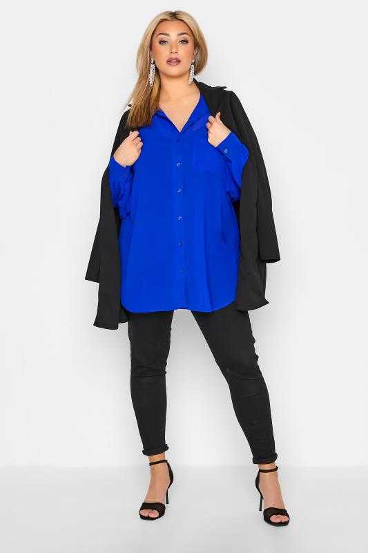 YOURS LONDON Plus Size Cobalt Blue Pleat Sleeve Mesh Shirt | Yours Clothing 2
