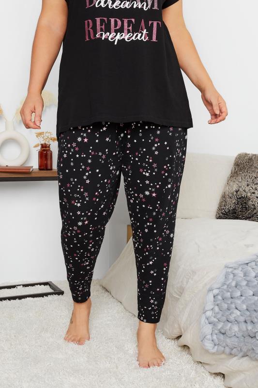 Plus Size Black Sparkle Star Cuffed Pyjama Bottoms | Yours Clothing 2