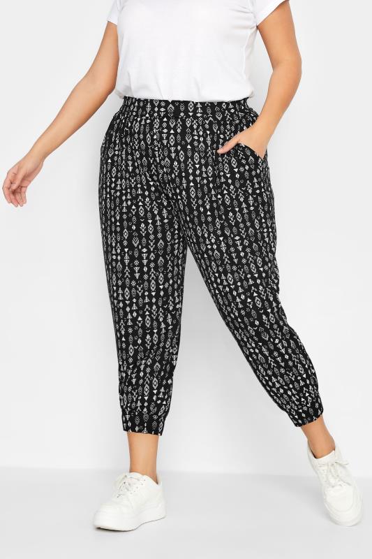YOURS Curve Plus Size Black Aztec Print Cropped Harem Trousers | Yours Clothing  1