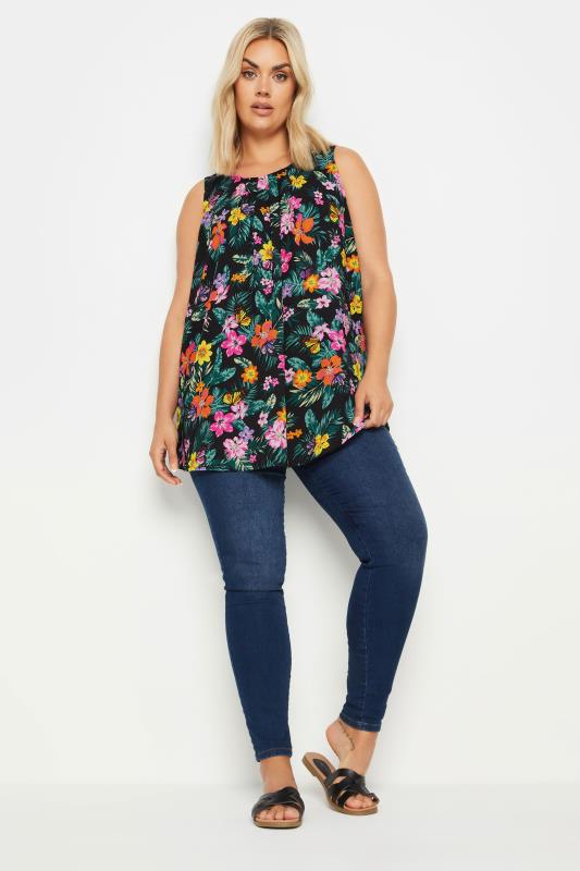 YOURS Plus Size Black Tropical Print Pleated Vest Top | Yours Clothing 2