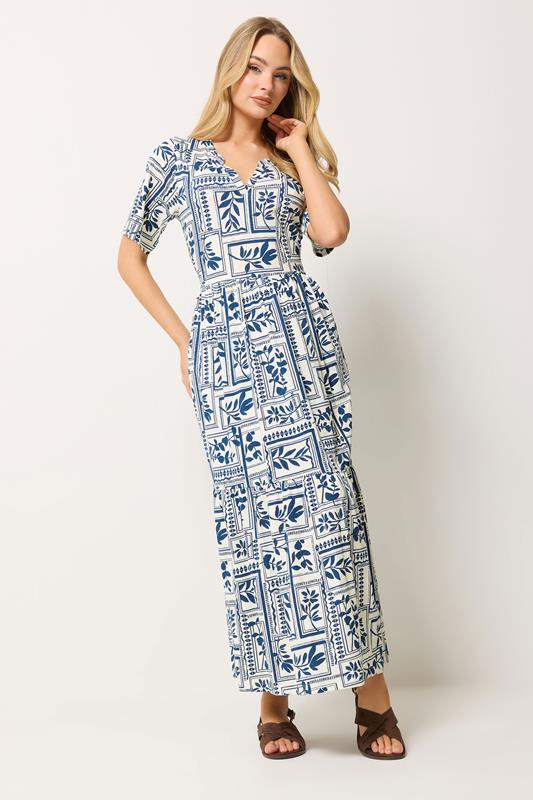  M&Co Blue Leaf Print Tiered Cotton Maxi Dress