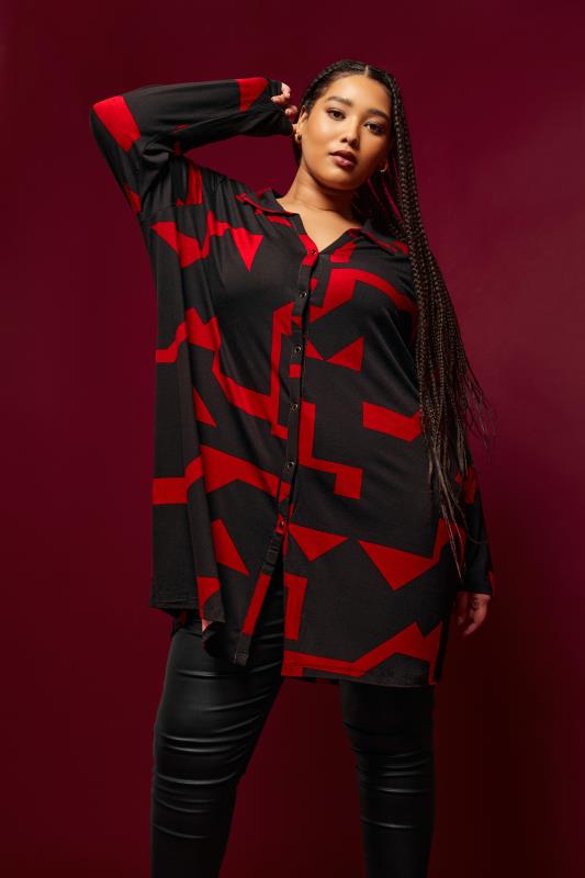 YOURS Curve Plus Size Black & Red Geometric Print Tunic Shirt | Yours Clothing  1