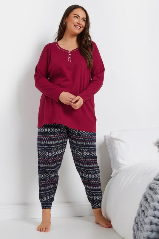 YOURS Plus Size Red Long Sleeve Placket Pyjama Top | Yours Clothing 2