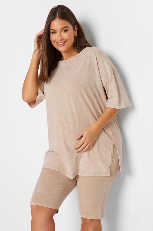  LTS Tall Maternity Beige Brown Acid Wash T-Shirt & Shorts Set