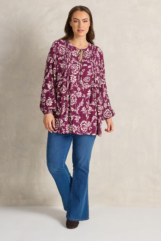 EVANS Plus Size Berry Red Floral Pintuck Tie Neck Blouse | Evans 2