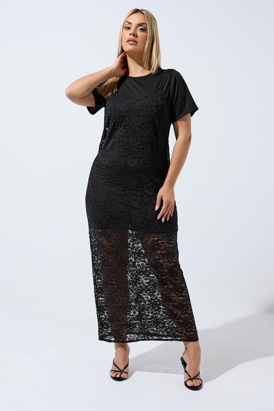 LIMITED COLLECTION Plus Size Black Lace 2-In-1 Maxi Dress | Yours Clothing 1